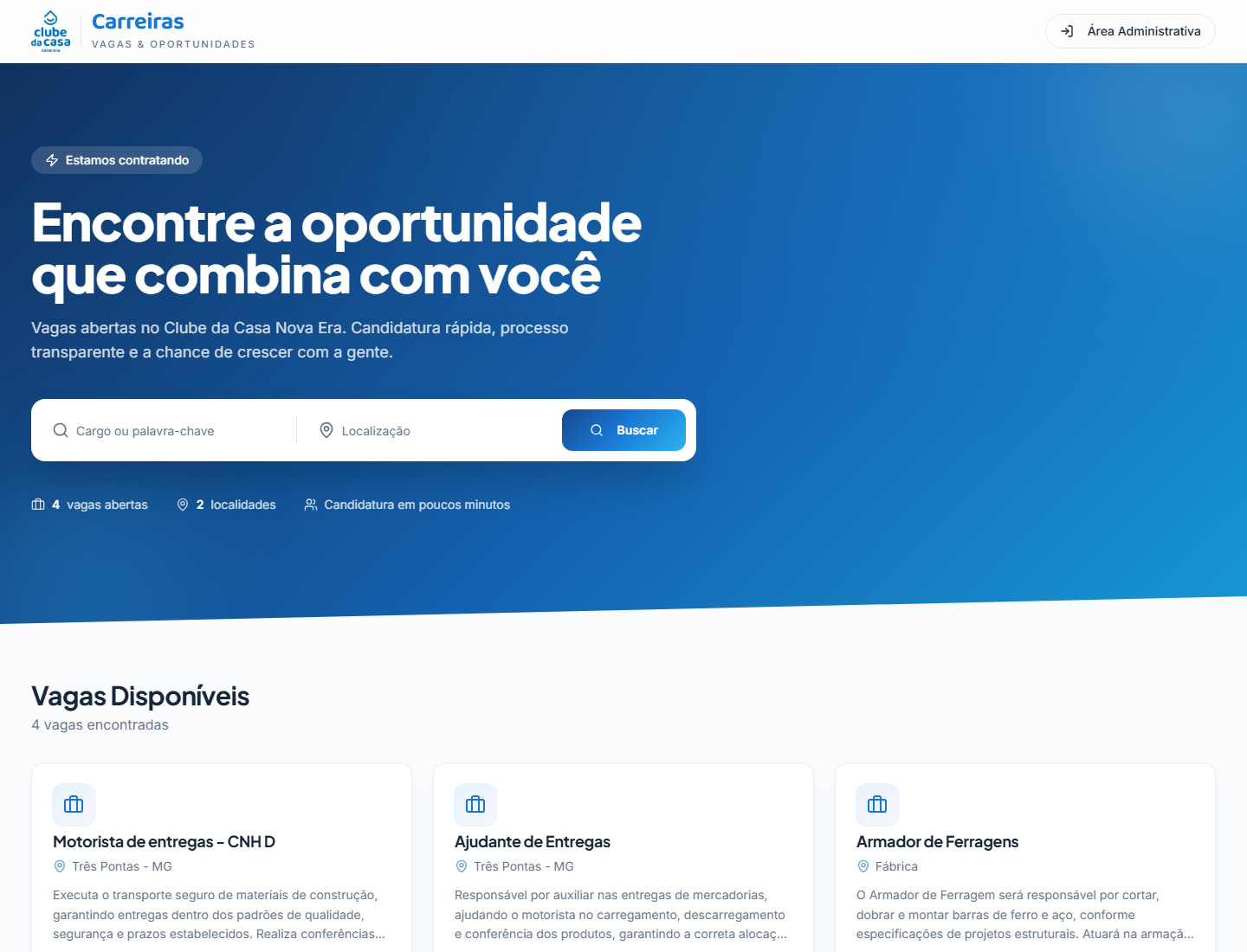 Página de vagas do Clube da Casa Nova Era
